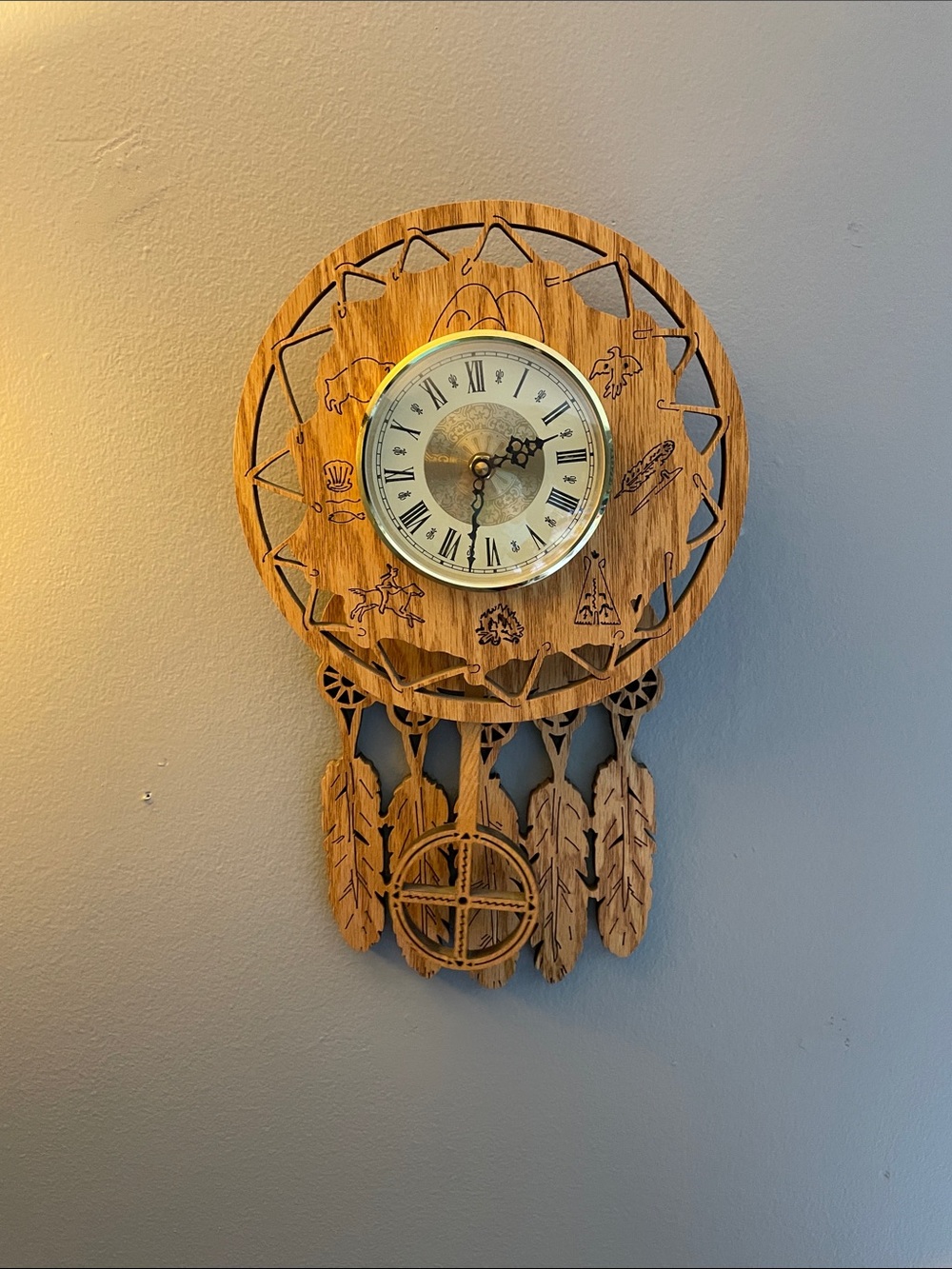 Native American Wooden Dreamcatcher Wall Clock.  Lazer cut.